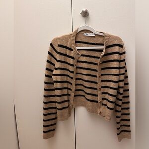 Zara Tan and Black Striped Women's Sweater EUC